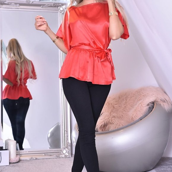 Elona Red Satin Batwing Top - Picture 2 of 3